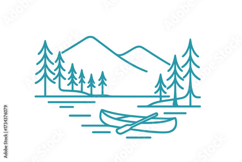 Serene lake landscape with majestic mountains, evergreen pine trees, and a classic canoe with an oar