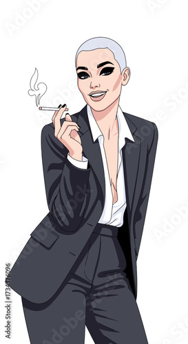 Confident woman in sleek suit smoking a cigarette with a smile, image diversity concept  