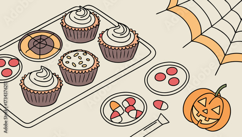 A delightful halloween treats illustration featuring cupcakes, cookies, candies, a pumpkin, and a spiderweb, perfect for adding a spooky touch to your designs
