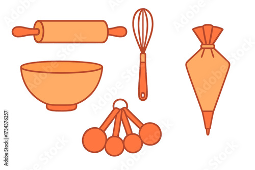 Essential baking tools and kitchen utensils for home cooking and pastry, featuring rolling pin, mixing bowl, whisk, measuring spoons, and piping bag