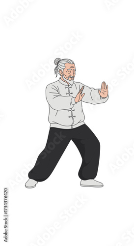 Elderly man practicing Tai Chi in traditional clothing outdoors, image diversity concept  