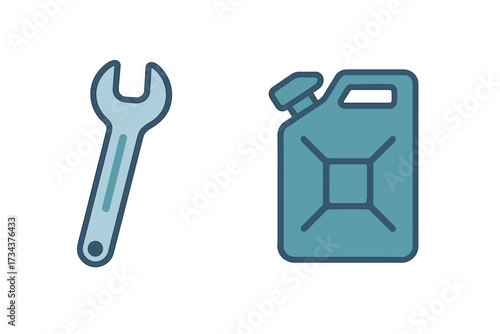 Simple blue wrench and jerrycan icons representing tools, maintenance, and fuel for various applications