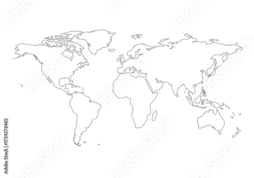 A lightgray world map outline featuring continents islands and coastlines Its centered  isolated on a plain background