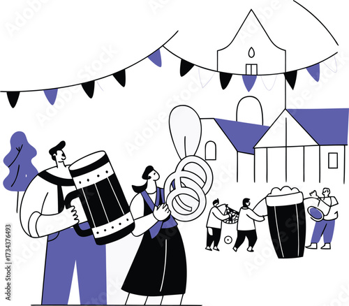 People celebrating Oktoberfest with beer and pretzels in a village setting
