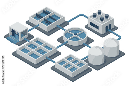 Isometric view showing the multi-stage process of a modern water purification and wastewater treatment plant