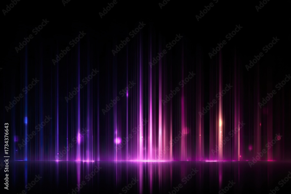 Obraz premium Purple light streaks rise from a reflecting plane against a dark background