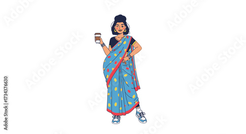 Indian woman wearing a blue sari and holding coffee cup, image diversity concept, image diversity concept  