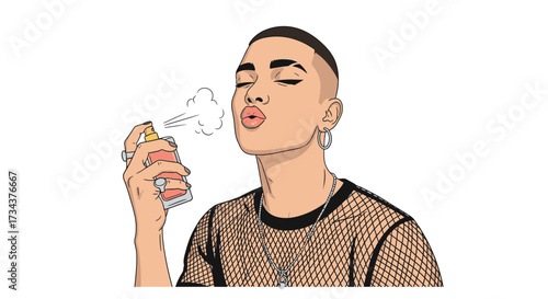 Young person applying spray and enjoying the moment in bold attire, image diversity concept  