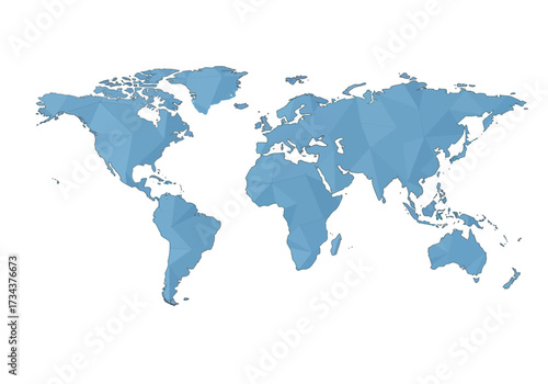 A polygonal world map rendered in light blue stands out against a white backdrop
