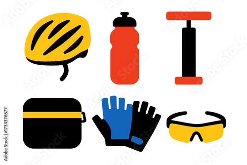 Essential cycling accessories set including helmet, water bottle, pump, saddle bag, gloves, and glasses