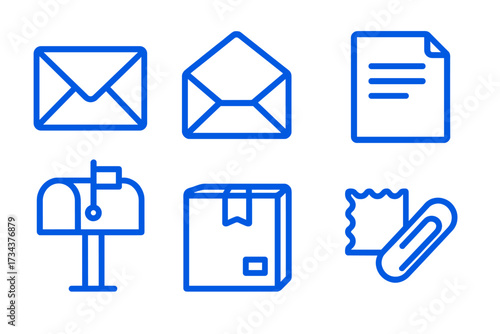 Blue outline symbols for digital communication, mail services, document management, and office supplies