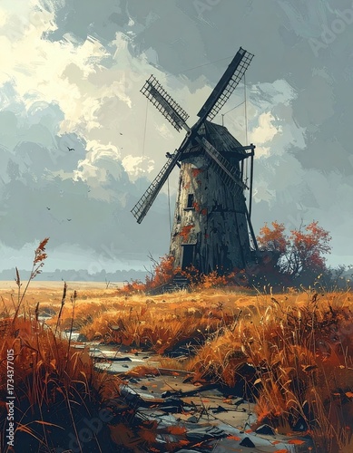 Abandoned Windmill in the Autumn Field