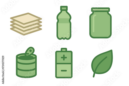 Collection of common recyclable materials including paper, plastic, glass, metal, and battery with a green leaf symbol