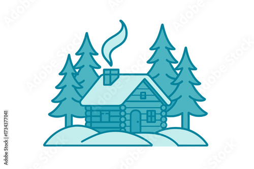 Rustic log cabin nestled in a serene snowy winter forest landscape with smoke rising from the chimney on a cold day, tranquil scene