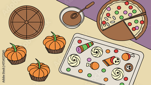 A delightful halloween treats illustration featuring cupcakes, pizza, candies, a pumpkin, perfect for adding a spooky touch to your designs