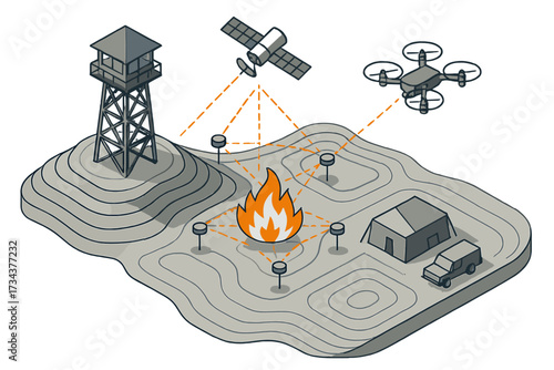 Wildfire detection system with remote sensors, satellite, drone, and watchtower for emergency response