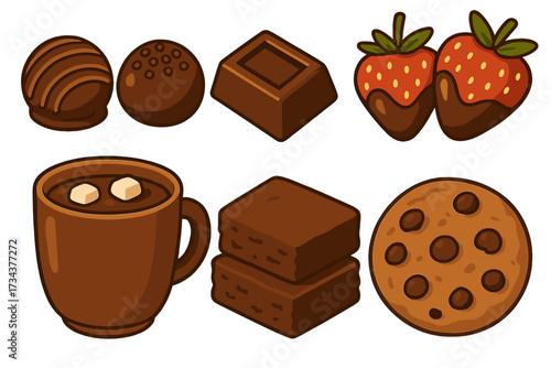 Collection of chocolate desserts, sweet treats, and beverages including truffles, brownies, hot cocoa, and cookies