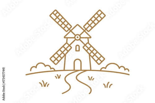 Classic European style windmill with large rotating blades standing on a grassy hill featuring a winding path