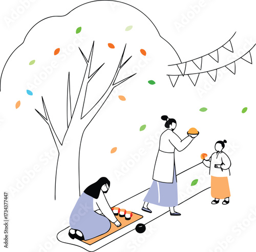 Family enjoying a picnic under a tree with falling leaves and festive banners