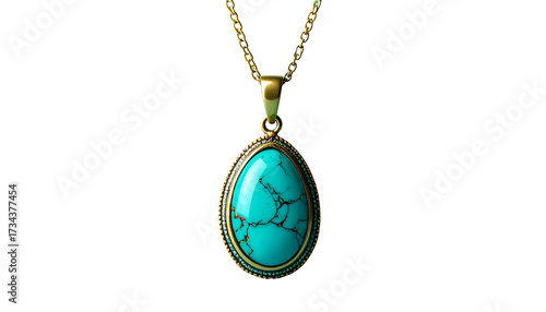 Gold necklace with teardrop turquoise pendant, against black background