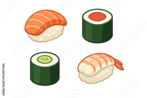 Assortment of traditional Japanese sushi and maki rolls with salmon, tuna, shrimp, and cucumber