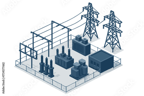 Electrical power substation with high voltage transmission towers and various transformers in an isometric view