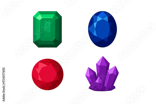 Brightly colored faceted precious gemstones including emerald, sapphire, ruby, and amethyst crystals