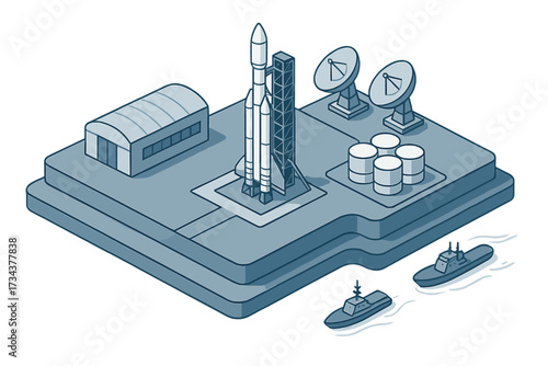 Isometric view of a space launch complex featuring a large rocket on the launchpad, satellite dishes, and support ships
