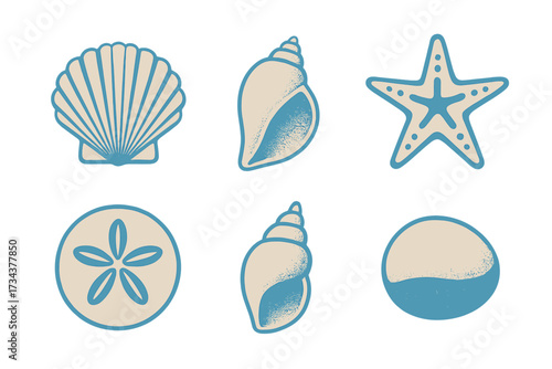 Assortment of various seashells, starfish, and sand dollar with retro textured style on a clean white background