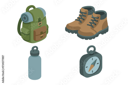Outdoor adventure gear set with backpack, hiking boots, water bottle, and compass for travel and exploration