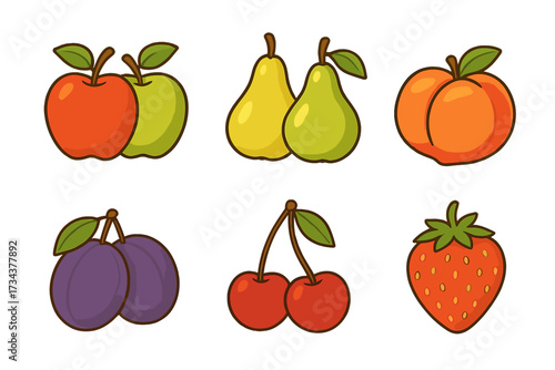 Assortment of fresh ripe colorful fruits including red and green apples yellow and green pears orange peach purple plums red cherries and a red strawberry