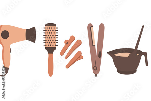 Essential hair care and styling equipment set with hairdryer, brush, clips, flat iron, and color mixing bowl