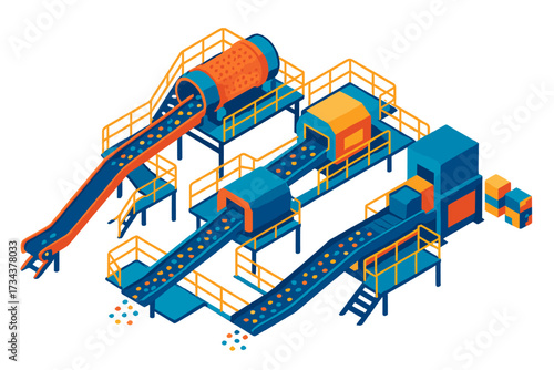 Industrial processing plant with conveyor belts and sorting machinery moving colorful raw materials for manufacturing production line