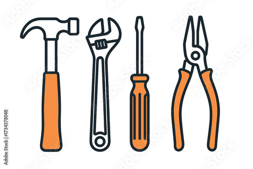 Essential household hand tools including hammer, wrench, screwdriver, and pliers for repair and construction