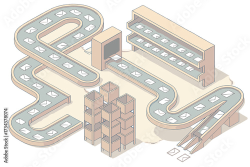 Automated mail sorting system with multiple conveyor belts and storage shelves for efficient postal processing and delivery