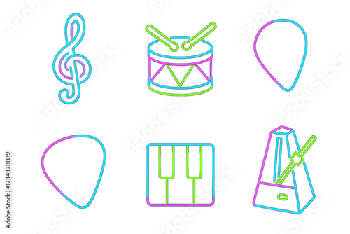 Modern neon outlines of musical instruments and accessories like treble clef, drum, guitar picks, and metronome