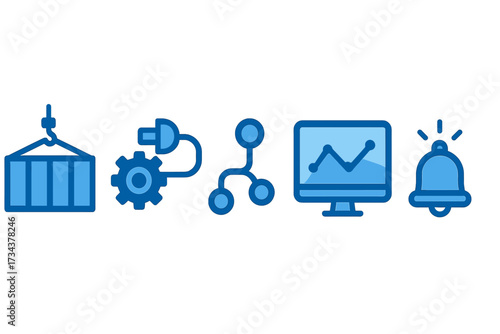 Modern business and technology symbols featuring logistics, system settings, network connections, data analytics, and alerts