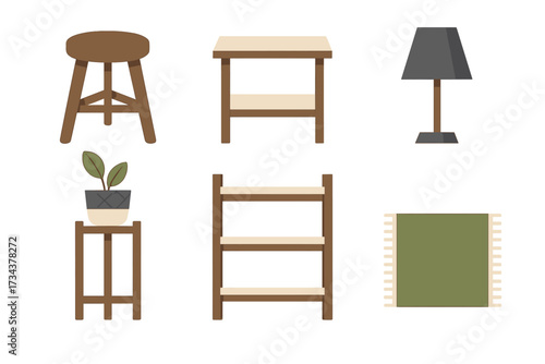 Modern home interior elements featuring furniture, lighting, decorative accents, and household items