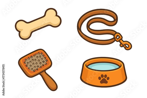 Set of essential dog accessories for pet care, including a bone, leash, grooming brush, and water bowl