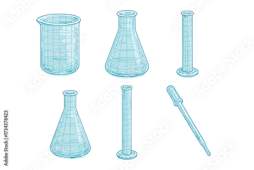 Scientific laboratory glassware collection with beakers, flasks, graduated cylinders, and dropper for chemistry research