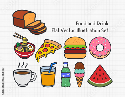 A colorful flat vector set of food and drink including bread, ramen, pizza, burger, donut, coffee, juice, soda, ice cream, and watermelon, perfect for menu, restaurant, and culinary projects.
