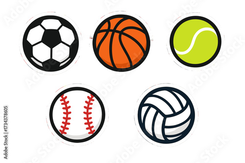 Set of popular sports balls for various games and athletic activities, including soccer, basketball, tennis, baseball, and volleyball