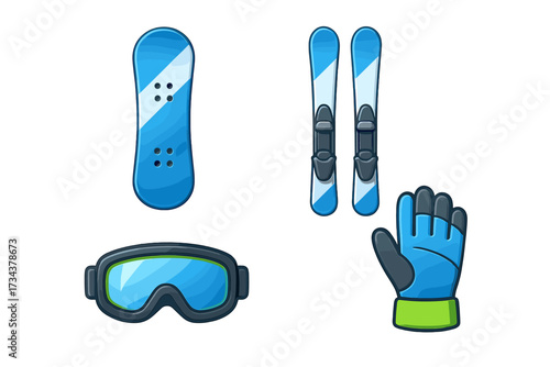 Essential winter sports equipment collection with snowboard skis goggles and a protective glove for cold weather activities