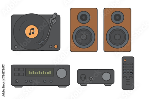 Classic audio system components including turntable, speakers, amplifier, and remote control for music playback and entertainment