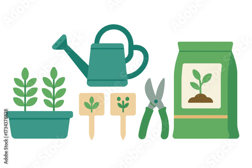 Essential gardening tools and supplies including a watering can, potted plants, plant markers, pruning shears, and a bag of fertilizer