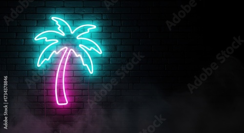 glowing neon palm tree sign in vibrant pink and cyan illuminates dark brick wall. smoke creates moody, retro atmosphere. summer nightlife concept. banner, poster with copyspace.