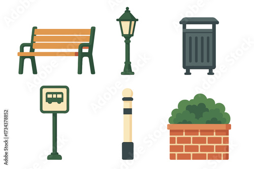 Essential urban park and street furniture elements including a bench, street lamp, trash can, bus stop sign, bollard, and planter