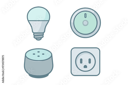 Smart home devices and automation technology featuring light bulb, thermostat, speaker, and power outlet
