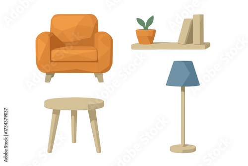 Contemporary polygonal home interior with armchair, side table, floor lamp, wall shelf, books, and plant