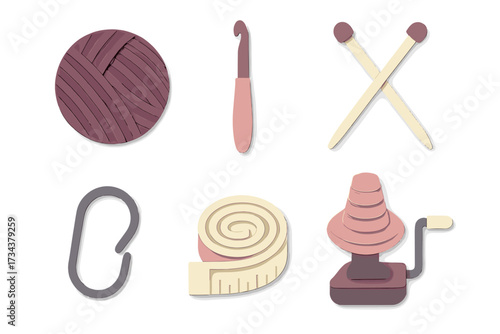 Crafting tools and supplies for knitting and crocheting projects including yarn, needles, hooks, and measuring tape
